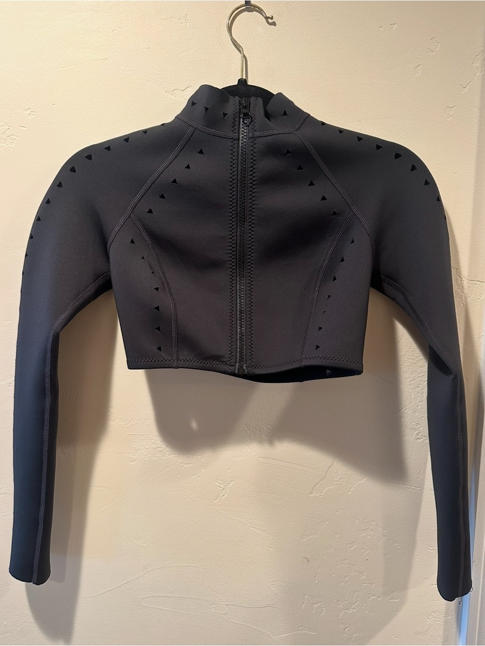 GIGI C Black Cropped Neoprene Zip Jacket Triangle Perforations